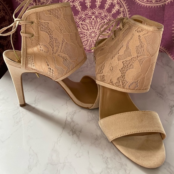 Audrey Brooke Shoes - Pink lace heeled sandals